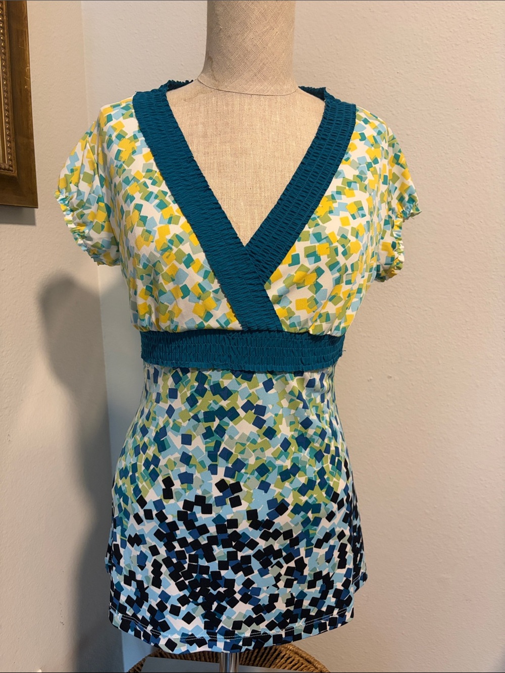 liz & co. Blue-Trim Multi-Color Geometric V-Neck Blouse Size S